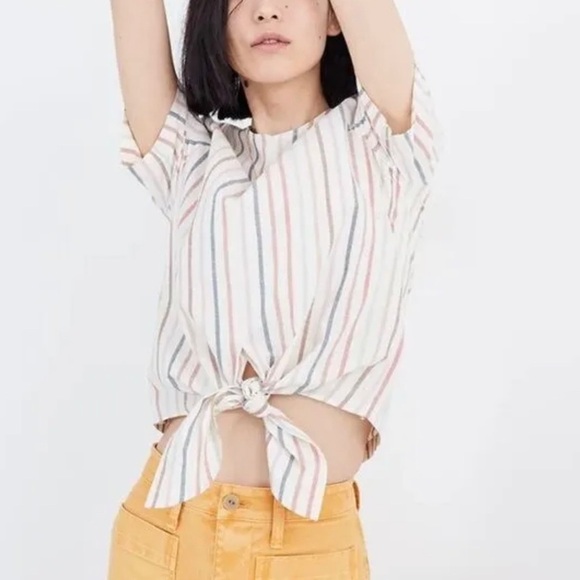 Madewell Button Back Tie Tee In Rainbow Stripe Short Sleeve Off White Size Small - Picture 3 of 5